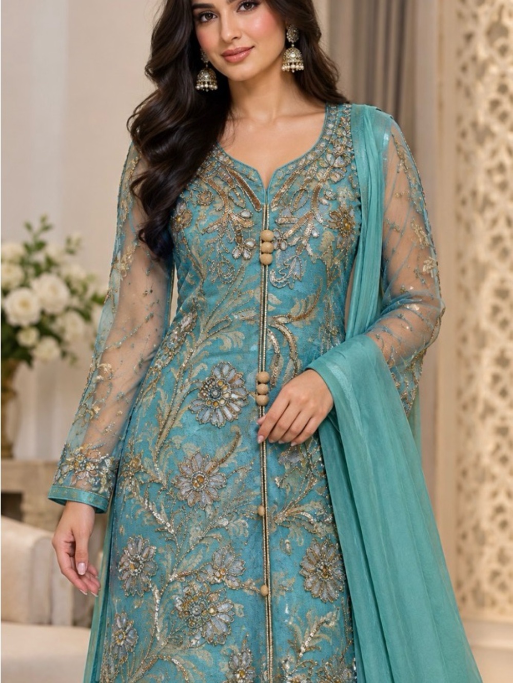 Embellished Teal Women’s Suit with Sheer Sleeves